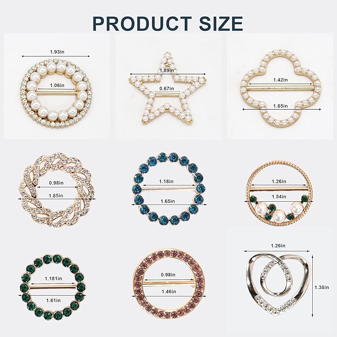 T-Shirt Clips 9 PCS, Clothes Corner Knotted Button, Fashion Alloy Pearl Rhinestone Circle Clip Buckle Round Shirt Silk Scarf