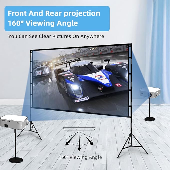 TOWOND Outdoor Projector Screen with stand, 120 inch Portable Movie Screen - 16:9 4K HD Foldable Anti-Crease Projection Screen with Carry Bag for Movie Nights, Camping and Parties Support Double Sided