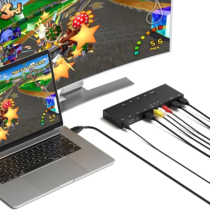 4 in 2 Out RCA/HDMI Switcher，3 Way HDMI 2.0 + 1 RCA Converter，4:3/16:9 & 2 Ports HDMI Output Support 4K and 3D for PS1/2/3/4/5, N64, SNES, Switch, DVD, Roku, etc.