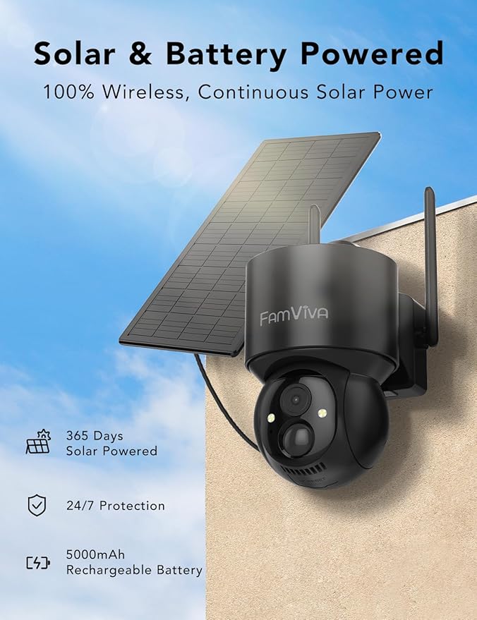 FAMVIVA 2K Solar Security Cameras Wireless Outdoor, 360°PTZ Battery Powered Cameras for Home Security, 2.4G WiFi Outdoor Camera with Color Night Vision, IP66 Waterproof, Motion Sensor Alarm, Black