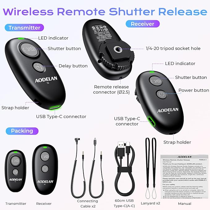 Upgraded USB-C Rechargeable Wireless Camera Remote Control Shutter Release – Compatible with Nikon D750, D5300, D5600, D7200, D7500, Z6, Z7, Z9, D800, D850, Coolpix P1000