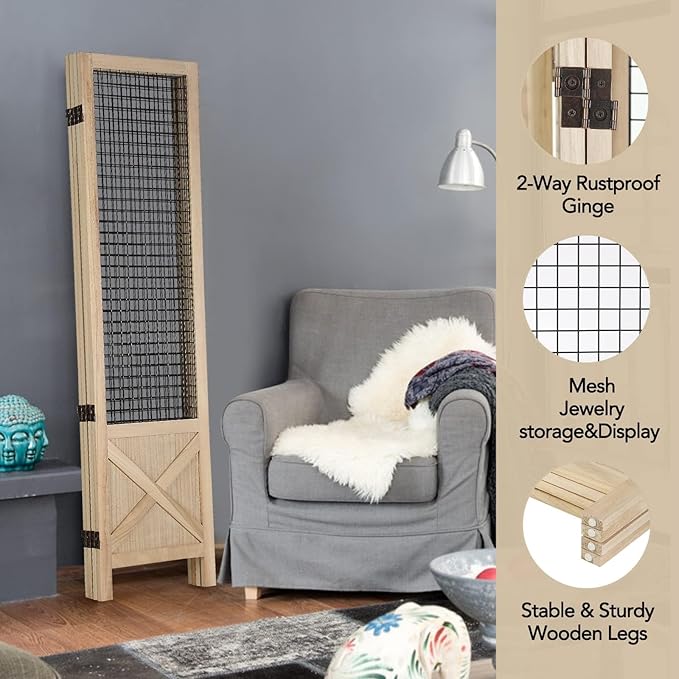 Wnutrees 4 Panel Gridwall Display, Portable Freestanding Display Board for Craft/Art Shows, Retail, Events, Decorative Wood Room Divider Folding Screens, Natural