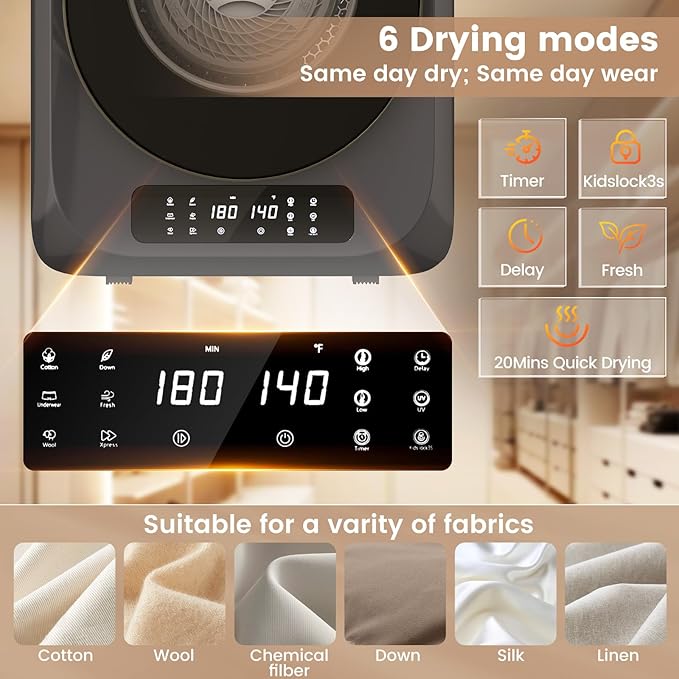 VCJ Portable Dryer for Laundry, 12lbs Clothes Dryer with 6 Drying Modes & 8H Timer, LED Display 850W Front Load Compact Electric Dryer for Apartment, RVs, Dorms