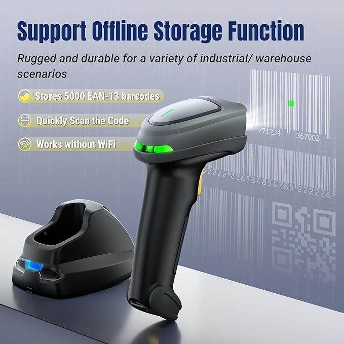 Tera Barcode Scanner Wireless with Cradle: 1280x1024 CMOS Global Shutter Industrial Grade Drop Resistant Reads DPM 1D 2D QR Codes Max 50 in Scan Range Works with Bluetooth 2.4G USB Wired CS7219i-BT