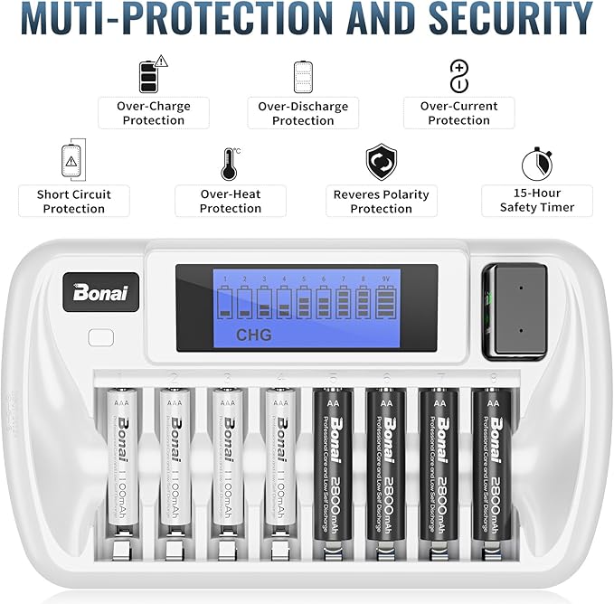 BONAI Rechargeable AA Batteries with Charger, 8+1 Bay Battery Charger with LCD Display for 1.2V NiMH AA AAA 9V, 2800mAh High Capacity Low Self Discharge- 8 Pack