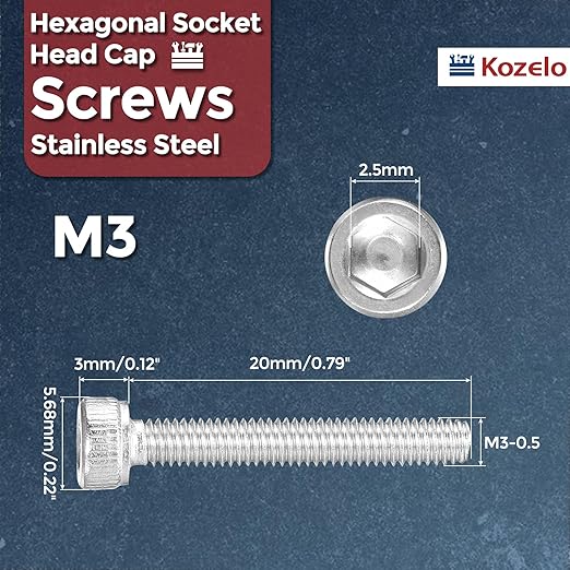 Kozelo 40pcs Socket Head Cap Screws - [M3-0.5 x 20mm] 304 Stainless Steel Allen Socket Drive for Electrical Motor 3D Printing Fan Engine Replacement Use, Silver