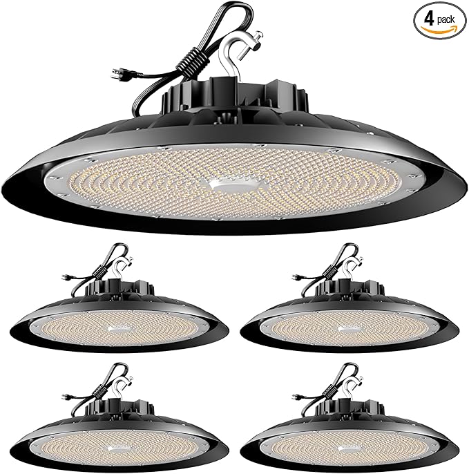 ACOHOOK 420W LED High Bay Light 5000K Daylight UFO Commercial Bay Light AC100-277V, 63000LM (1680W MH/HPS) High Bay LED Shop Lights with Plug and US Hook-4Pack