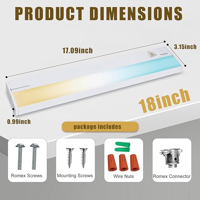 Ansen Hardwired Under Cabinet Lighting, 18inch 15W LED Light for Kitchen/Closet, 998.4lm, CRI>92, R9>90, Dimmable, 3 Color Temperature, 3000K/4000K/5000K(Warm White, Cool White, Daylight)