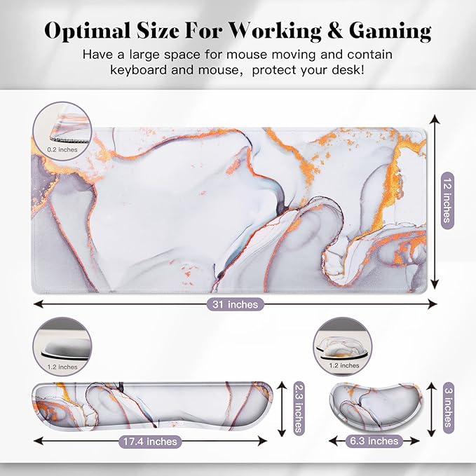 Gimars 4 in 1 Mouse Pad and Keyboard Wrist Rest Set, Large Mouse Pad with Memory Foam Wrist Support Pad for Desk with Coaster, Easy Typing Pain Relief, Gaming Office Home, 31.5x12 inch, Cloud Golden