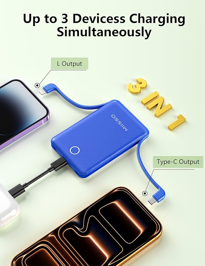 miisso 10000mAh Mini Portable Charger with Built in Cable, Pocket Size Power Bank Travel External Battery Pack for Phone, 3 Output USB Type C Cord Clutch Compatible with iPhone, Samsung, Deepblue