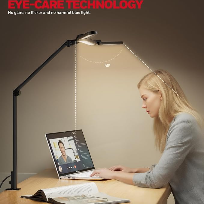 Honeywell Wide Desk Lamp with Clamp for Dual Monitors,22W Full-Spectrum Eye-Caring LED Light Bar for Home Office, 3-Section Adjustable Design with Stepless Dimming