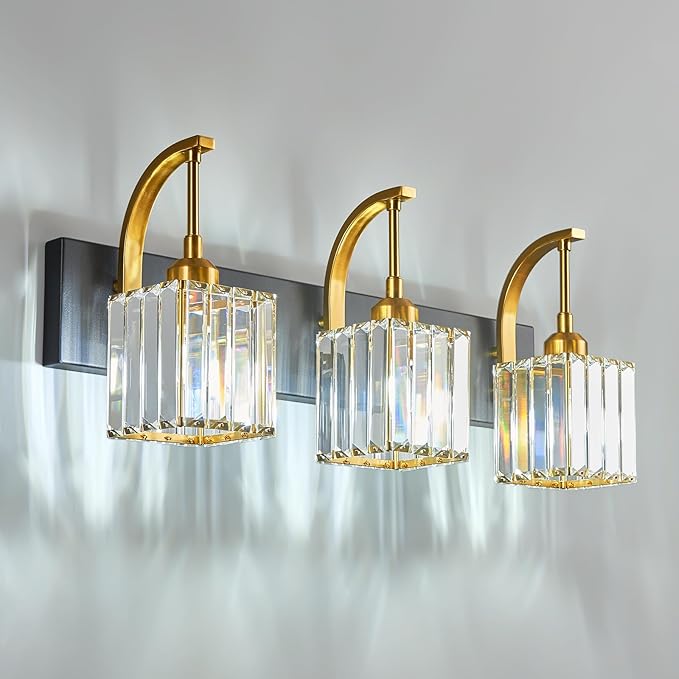 FDPBY Crystal Vanity Lights 3-Light Black Gold Bathroom Vanity Lights Modern Crystal Bathroom Light Fixtures Over Mirror 23.62" Long Vanity Light for Bathroom