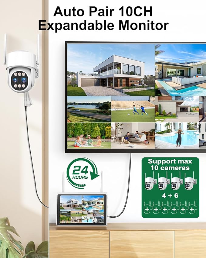 ZHXINSD 4K Security Camera System Wireless, Dual Lens 4MP+4MP 10X Zoom 2.4G/5G PTZ Cameras for Outdoor Home Security, Auto Tracking, 10” Monitor NVR Pre-Installed with 1TB HDD, 24/7 Record