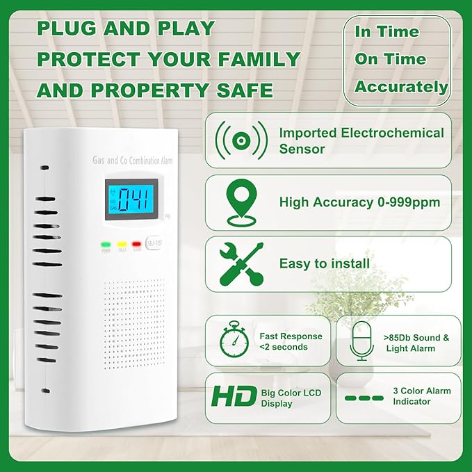 Combination Gas and Carbon Monoxide Detector Plug-in | CO Alarm & Natural Gas Combustible Detector | Digital Display, Battery Backup, Easy Install | for Home Kitchen Safety Monitoring 3-Pack