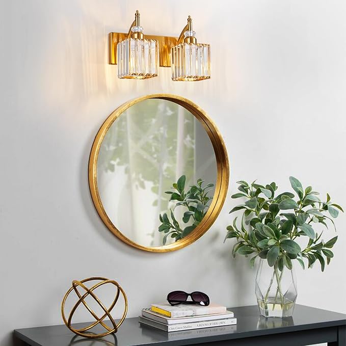 BBLLWJ Modern Bathroom Vanity Light 2-Light Gold Crystal Light Fixtures Over Mirror for Bathroom Wall Sconce