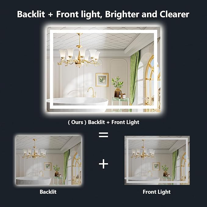YEELAIT 55x40 Inch LED Bathroom Mirror with Lights Front and Backlit Lighted Vanity Mirror for Bathroom Wall with 3 Colors Dimmable Anti-Fog Memory Shatter-Proof IP54 Waterproof Horizontal/Vertical