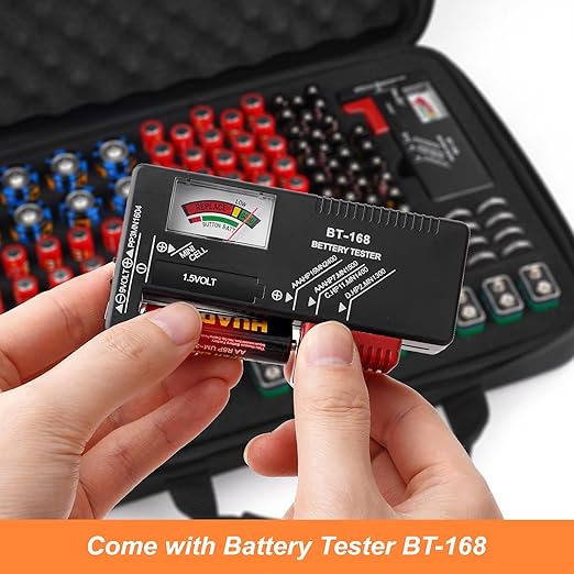 Arkeiliy Battery Organizer, Battery Organizer Storage Case with Tester BT-168, Waterproof Battery Holder Box Holds, Battery Case Organizer 145+ AA AAA C D 9V Batteries (Batteries are Not Included)