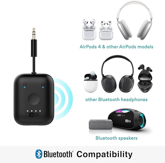 MEE Audio Connect Air in-Flight Bluetooth Wireless Audio Transmitter, with Extra Dual 3.5mm Jack AUX Adapter, for up to 2 AirPods/Other Headphones; Works with All 3.5mm Aux Jacks, Black