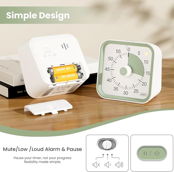 InfPokid Visual Timer for Kids with Pause Function, 60 Minute Countdown Timer for Kids Desk Study, Teaching, Kitchen Cooking, Office Meetings, Time Management for ADHD (White)