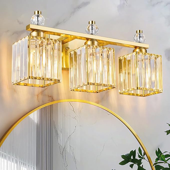 FDPBY Bathroom Vanity Lights 3-Light Modern Crystal Vanity Light Gold Bathroom Light Fixtures Over Mirror Crystal Bathroom Vanity Lighting Fixtures