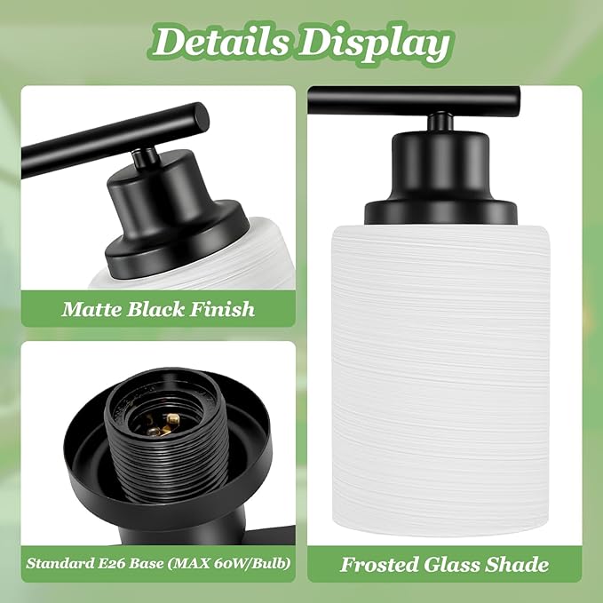 Guliaofo 2-Light Vanity Lights, Black Bathroom Light Fixture with Striped Textured Milky White Glass Shade, Modern Vanity Lighting Fixture for Bathroom Wall Light Over Mirror, E26 Wall Sconce
