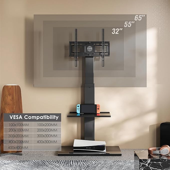 FITUEYES Floor TV Stand with Mount for 32-55 65 Inch TV, Height Adjustable TV Floor Stand with Metal Shelf up to 110 lbs, Swivel Tall TV Stand with Study Iron Base for Living Room, Bedroom