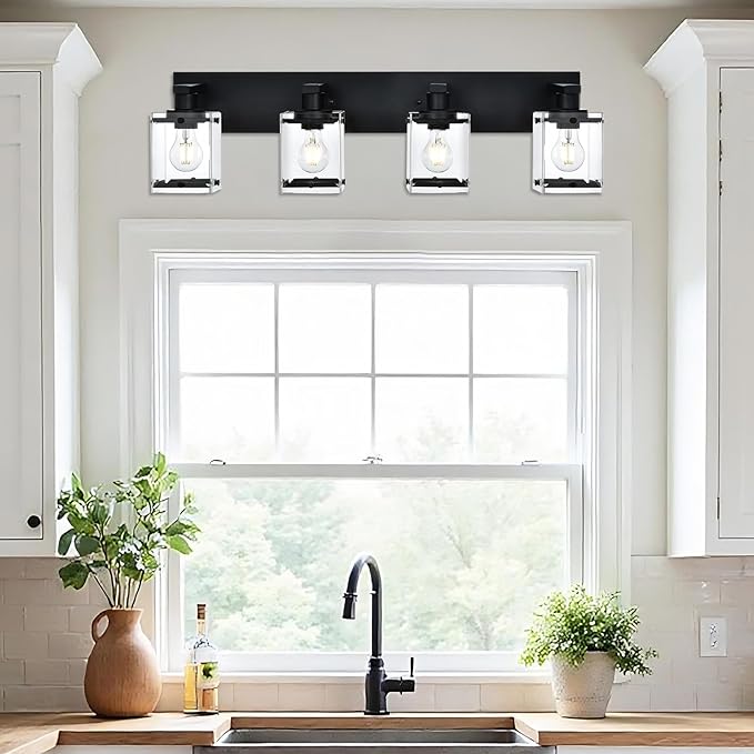 WINSHEN 4-Light Bathroom Vanity Light Fixture, Modern Black Wall Lighting Over Mirror with Rectangular Clear Glass, E26 Bulb Base