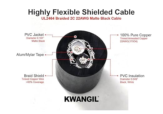 KWANGIL 2C 22AWG AMSB Shielded Cable Wire (UL2464) - Highly Flexible Str TC, PVC Ins, OS+TC BRD, PVC JKT for CNC Machine, Stepper Motor, VFD Spindle (Matte Black 100FT)