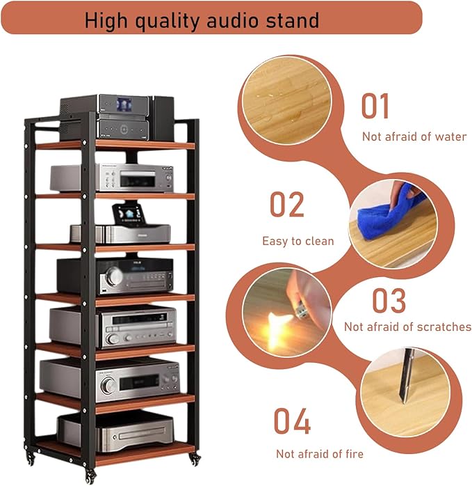 Dernoing 7 Tier Audio Rack Tower, CD Record Player Stereo Receiver AV Equipment Cabinet Display Rack, Weight Capacity 661 lbs, with Adjustable Wooden Shelves for Home (7 Tier Teakwood)