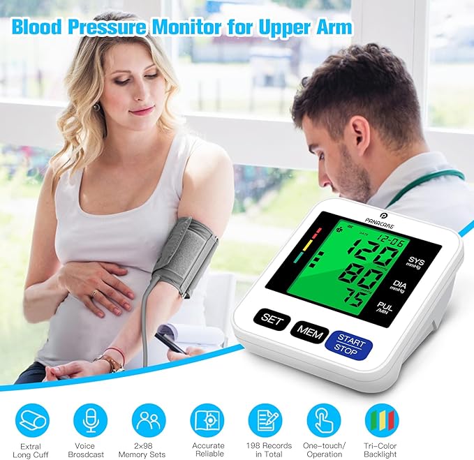 Panacare Blood Pressure Machine, Automatic Upper Arm Blood Pressure Monitor for Home use, 2x99 Readout and BP Cuff, 3.4" 3-Color Backlit Screen, Adjustable Large Cuff (8 to 16 inches), Black