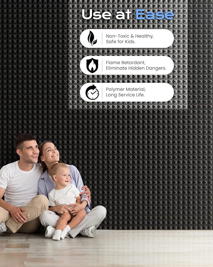 Sonicism Sound Proof Foam Panels for walls Self-Adhesive 24 Pack Pyramid 12" X 12" X 2" Acoustic Panels 35kg/m³High Density,Soundproof Wall Panels Fast Expand,Sound Absorption and Decoration,Black