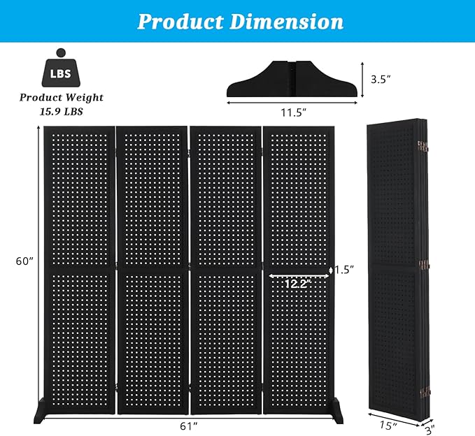 Bonnlo 4 Panel Pegboard Freestanding, 5 FT Portable Display Board Organizer for Craft Show Jewelry, Wooden Folding Privacy Screen Room Divider (with Base, Black)
