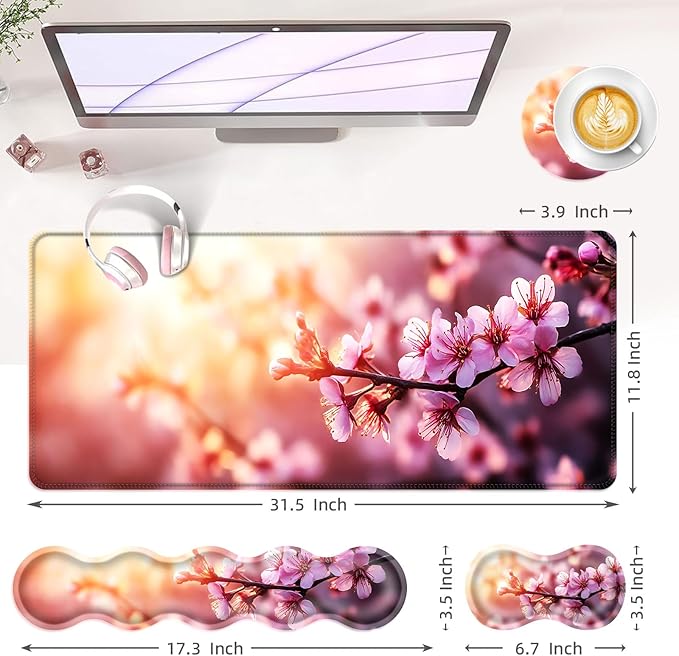 BFUKVOU Large Keyboard Mouse Pad Set, Extended Mouse Pad+Keyboard Wrist Rest Support, Memory Foam Ergonomic Easy Typing, 4Pcs (31.5×11.8 in) Desk Pad Set for Office Home,Cherry Blossom Floral