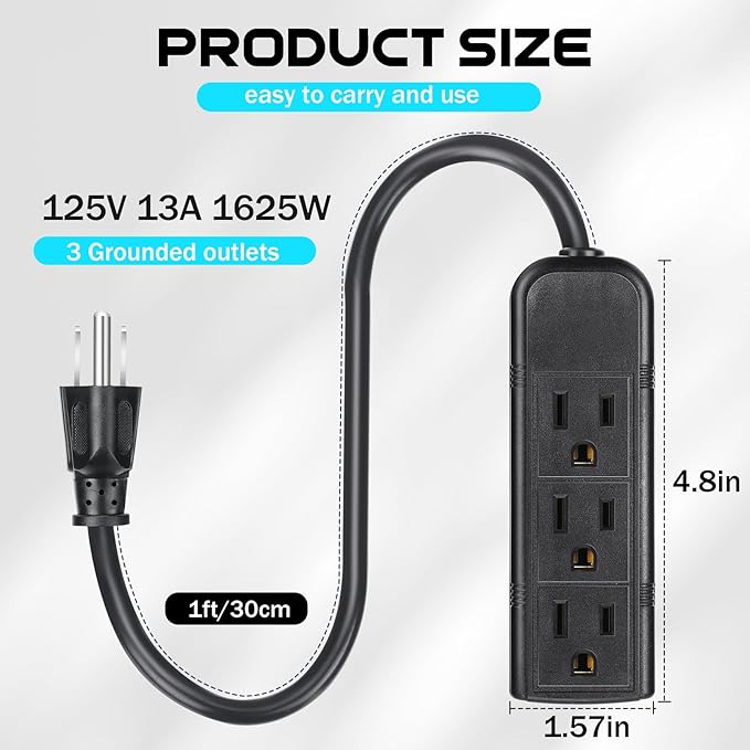 Copkim 20 Pack 3 Outlet Power Strip Extension Cord with Flat Plug Mini Cord 3 Ground Heavy Duty Mountable Outlets Strip for Computer Phone Home Office (1 ft,Black)