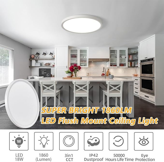 RLEDPZTX Led Flush Mount Ceiling Light,9 Inch 18w 1860lm,3000k/4000k/6000k 3CCT Selectable, Round Modern Flat Panel Super Slim Led Ceiling Light,for Living Dining Kitchen Bedroom Room (4Pack-White)