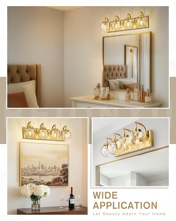Beionxii 4-Light Bathroom Vanity Light Fixtures, 3 Light Brushed Gold Bathroom Light Fixtures with Clear Glass Shade, Modern Wall Sconces Lighting Over Mirror, Living Room, Hallway, BX-VL03BG-4CG