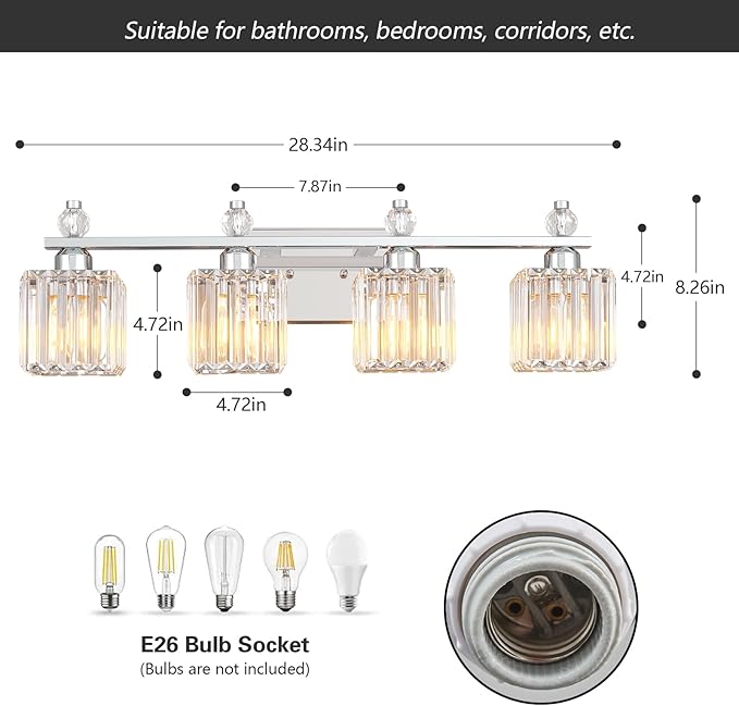 FDPBY Vanity Lights 4-Light Modern Crystal Vanity Light Chrome Bathroom Light Fixtures Over Mirror Crystal Bathroom Vanity Lighting Fixtures