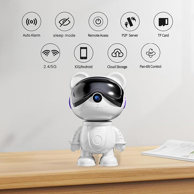 Dzcctvipc-Cute Bear-2K Wireless-Smart Robot-Home Security - Camera,Nanny & Pet Motion Monitor,Baby Cry Detection Alarm,Privacy Mode,5G Dual-Band,PanTilt,Full HD Night Vision,24/7 Recording,2-Way Audio