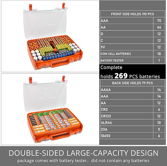 Aptbyte Battery Organizer Storage Holder Box Case with Tester- 269 Batteries Double-Sided Variety Pack, Holds AA AAA 4A C D Cell 9V 3V Lithium LR44 CR2 CR123 CR1632 18650 Button- Orange (Box Only)
