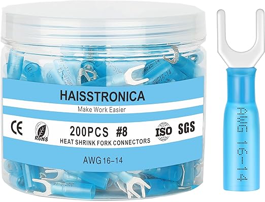 haisstronica 200PCS Heat Shrink Fork Spade Connectors #8 Waterproof Marine Grade Fork Terminal Connectors U-Type Blue 16-14 Gauge