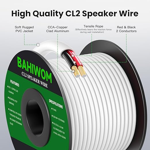 BAHIWOM Fire Safety CL2 Speaker Wire in-Wall & in-Ceiling 12 Gauge Wire 100 FT CCA Cord 2 Conductors Red Black Speaker Cable for Indoor Home Theater System,Car Audio Soft White Jacket