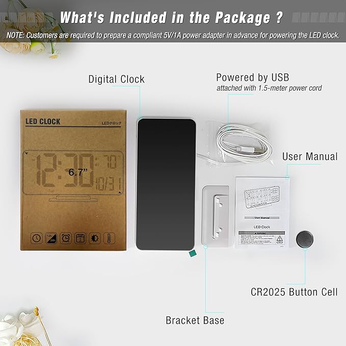 KOSUMOSU Desk Clock, 6.7in Small Digital Clock for Bedroom, Auto Dimming, Room Temperature, Day of The Week, Seconds, Date, LED Clocks for Living Room, Alarm Clocks for Bedrooms