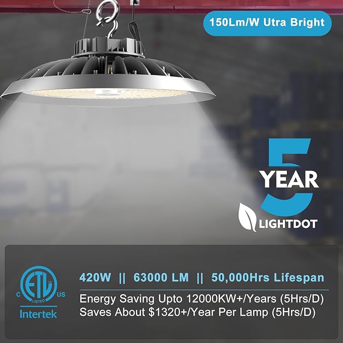 ACOHOOK 420W LED High Bay Light 5000K Daylight UFO Commercial Bay Light AC100-277V, 63000LM (1680W MH/HPS) High Bay LED Shop Lights with Plug and US Hook-4Pack