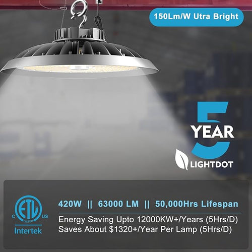 ACOHOOK 420W LED High Bay Light 5000K Daylight UFO Commercial Bay Light AC100-277V, 63000LM (1680W MH/HPS) High Bay LED Shop Lights with Plug and US Hook-4Pack