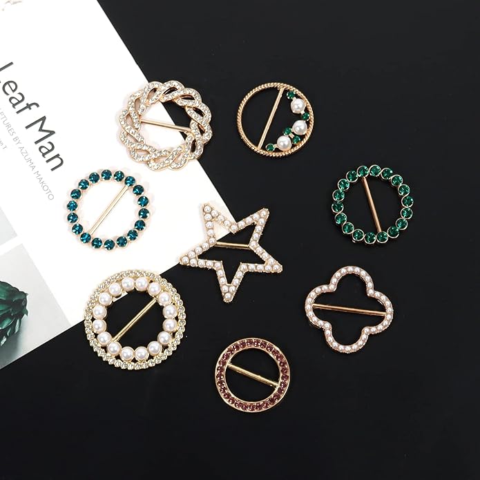 T-Shirt Clips 9 PCS, Clothes Corner Knotted Button, Fashion Alloy Pearl Rhinestone Circle Clip Buckle Round Shirt Silk Scarf