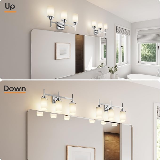 AONEON Bathrom Light Fixtures Polished Chrome 3 Vanity Lights with White Frosted Glass Shade, Wall Lamps Over Mirror for Bath Washroom Bedrom T001CH-L3