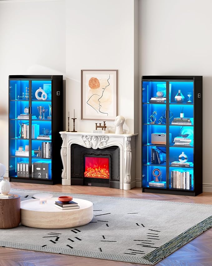 Dystler Display Cabinet with Glass Doors and Shelves, 65" Tall Curio Cabinet with LED Lights/Human Sensor, 5 Tier Display Case for Collectibles Bedroom Living Room Office, Black