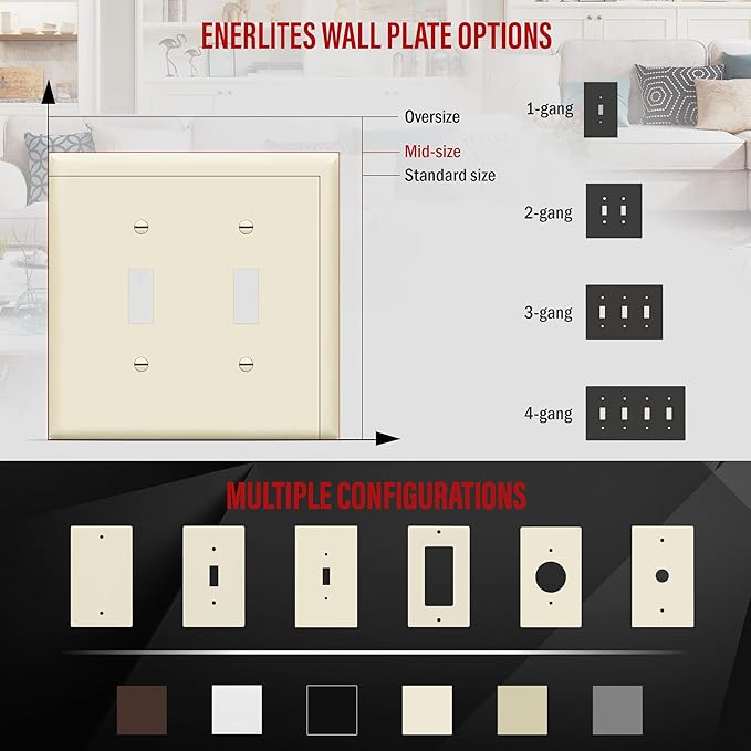 ENERLITES Toggle Light Switch Wall Plate, Gloss Finish, Midway Size 2-Gang 4.88" x 4.92", Unbreakable Polycarbonate Thermoplastic, UL Listed, 8812M-LA, Light Almond