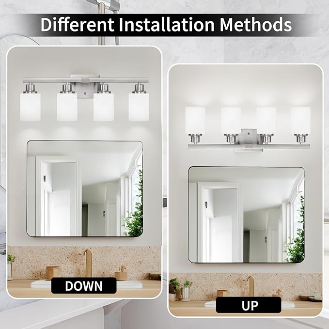 DIKAIDA Bathroom Vanity Light, 4-Light Nickel Modern Bathroom Light Fixtures with Milky White Glass Shade, Wall Lights,Bath Vintage Wall Mounted Lamps for Mirror Bedroom Living Room Hallway Cabinet