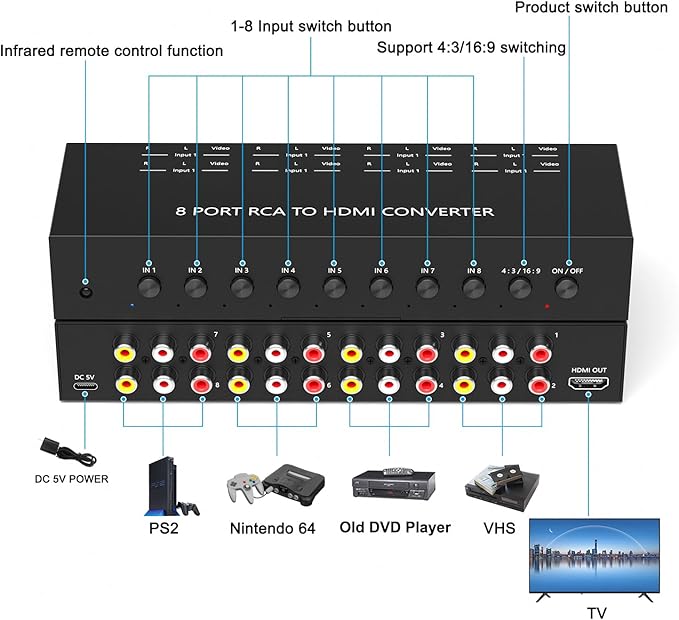 Dingsun 8Port AV to HDMI Converter, Will Convert Input Analog Aignals to a Digital Output Signal, Built-in 16:9/4:3 Adjustment, Perfect for Old Video Game Systems,PS,WII,Xbox,DVD,VHS(with Remote)